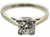Art Deco 18ct White Gold & Platinum, Diamond Solitaire Ring in a Square Mount