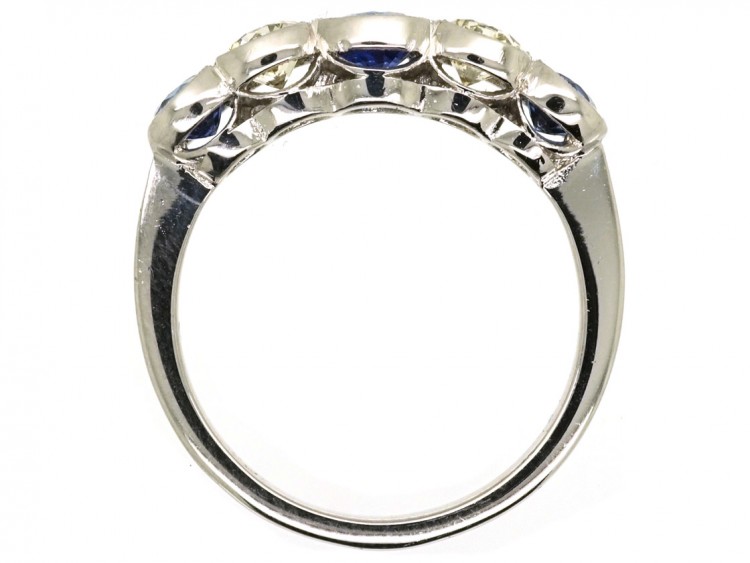 Art Deco 18ct White Gold, Ceylon Sapphire & Diamond Five Stone Ring