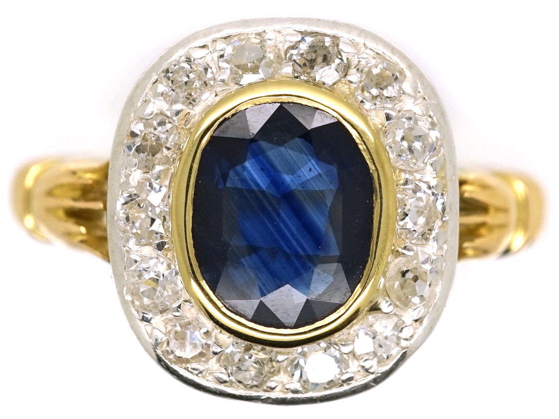 Edwardian 18ct Gold & Platinum, Sapphire & Diamond Cluster Ring (27K