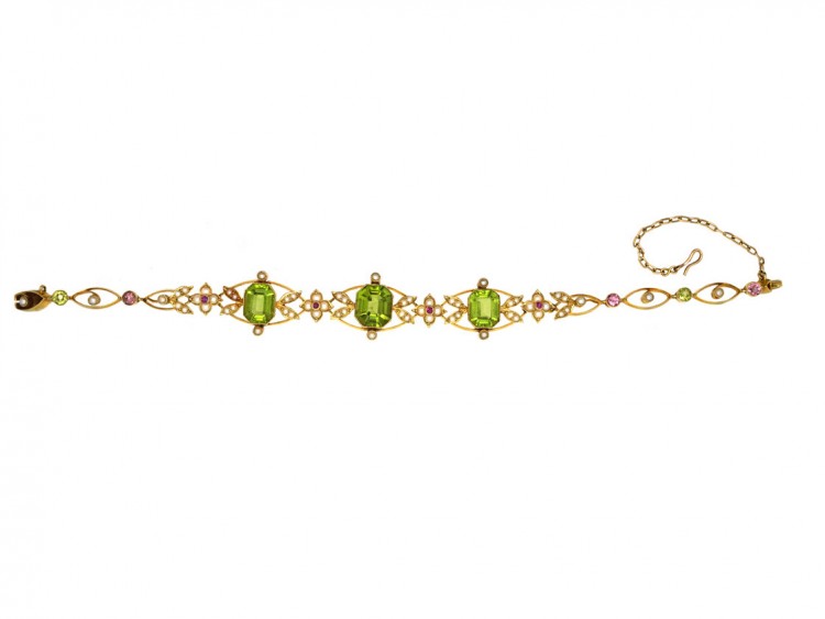 Edwardian 15ct Gold Suffragette Bracelet Set With Peridots, Pearls & Rubies in Original Case