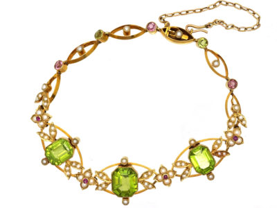 Edwardian 15ct Gold Suffragette Bracelet Set With Peridots, Pearls & Rubies in Original Case