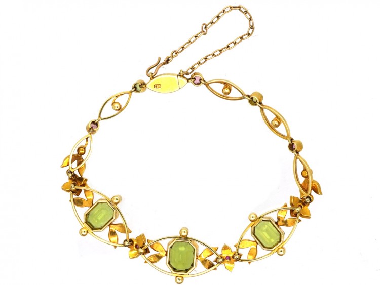 Edwardian 15ct Gold Suffragette Bracelet Set With Peridots, Pearls & Rubies in Original Case