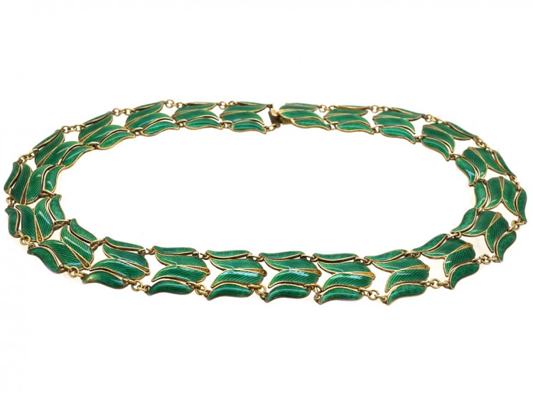 Silver Gilt & Green Enamel Tulip Design Necklace