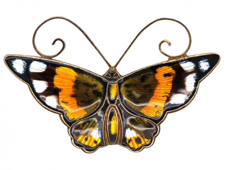 Silver Gilt & Black, Yellow & Orange Enamel Butterfly Brooch By David Andersen