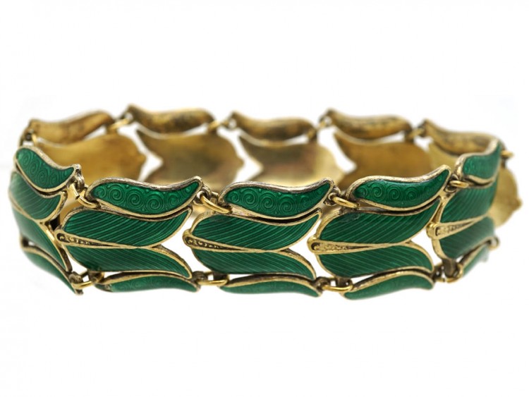 Silver Gilt Tulip Design Green Enamel Bracelet