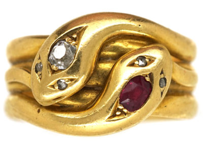 Victorian 18ct Gold, Ruby & Diamond Double Snake Ring