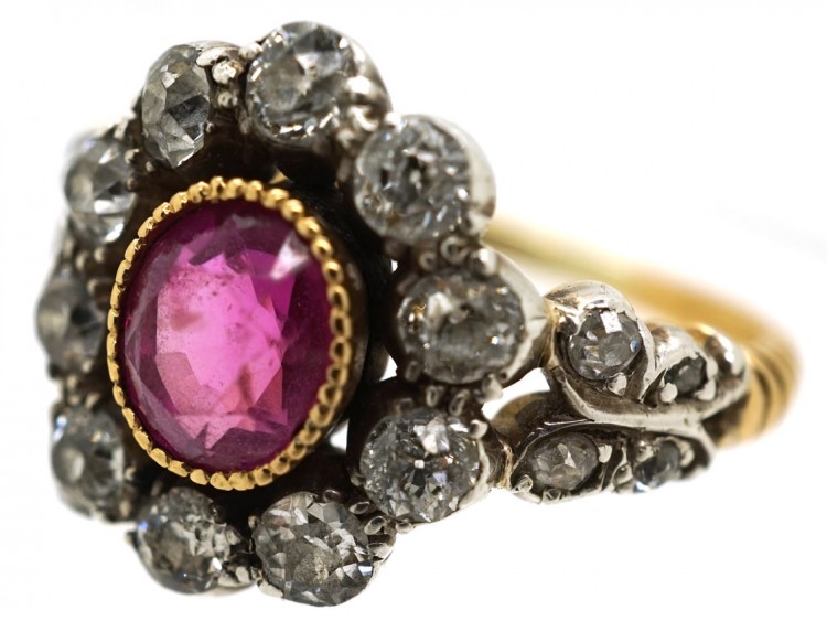 18ct Gold, Ruby & Diamond Cluster Ring with Diamond Shoulders