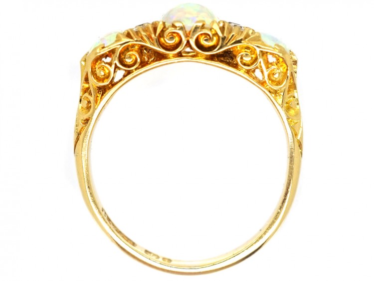 Edwardian 18ct Gold, Three Stone Opal & Diamond Carved Half Hoop Ring