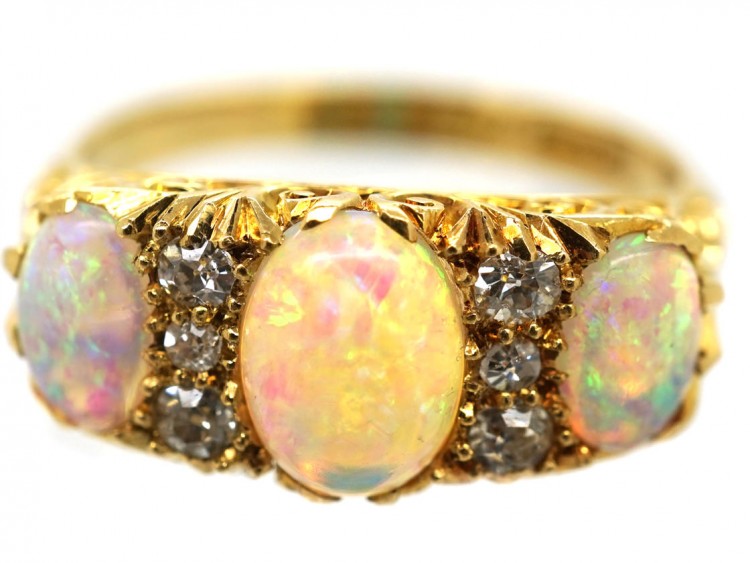 Edwardian 18ct Gold, Three Stone Opal & Diamond Carved Half Hoop Ring