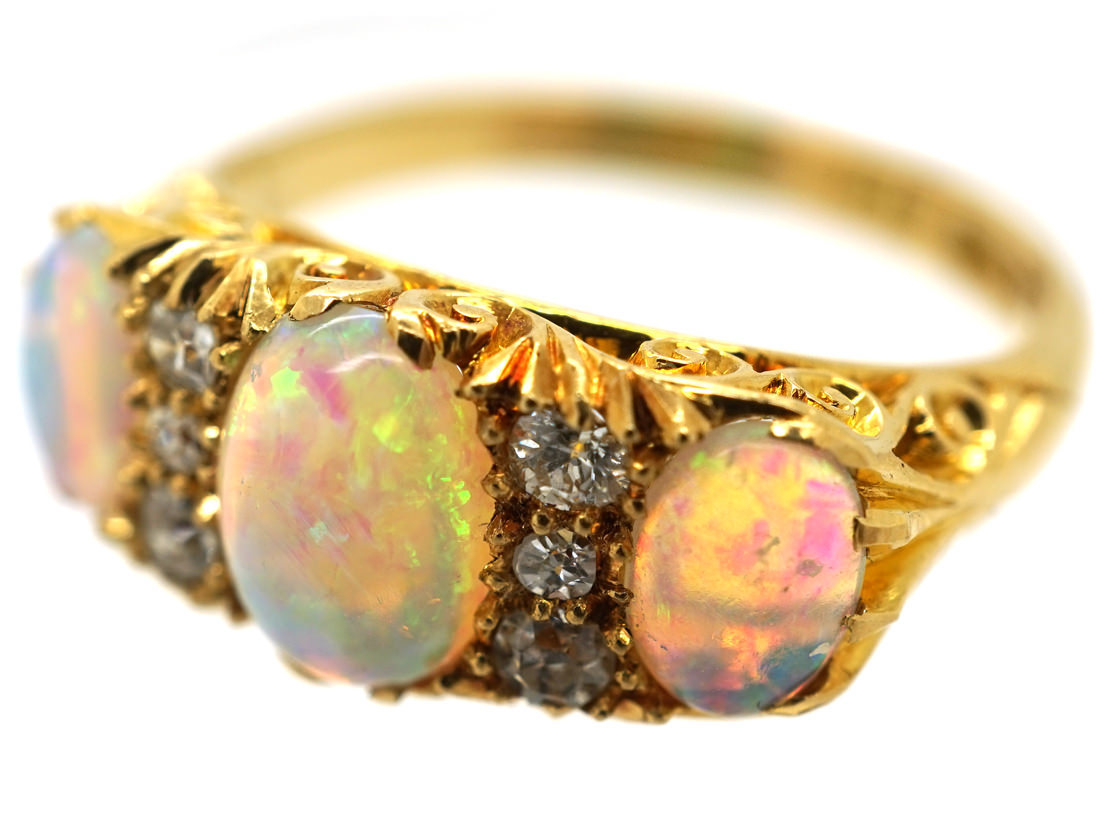 Edwardian 18ct Gold, Three Stone Opal & Diamond Carved Half Hoop Ring ...
