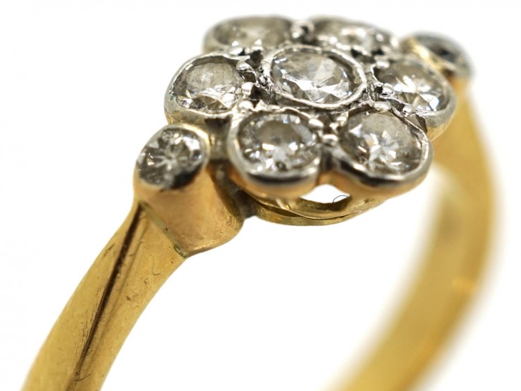 Edwardian 18ct Gold & Platinum, Diamond Cluster Ring With Diamond Shoulders