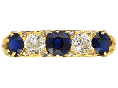 Victorian 18ct Gold, Diamond & Sapphire Carved Half Hoop Ring