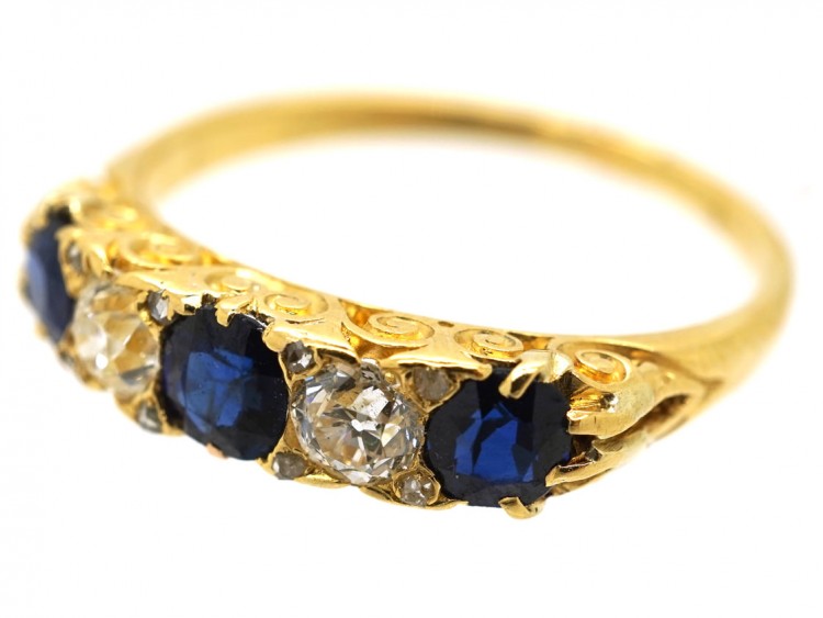 Victorian 18ct Gold, Diamond & Sapphire Carved Half Hoop Ring