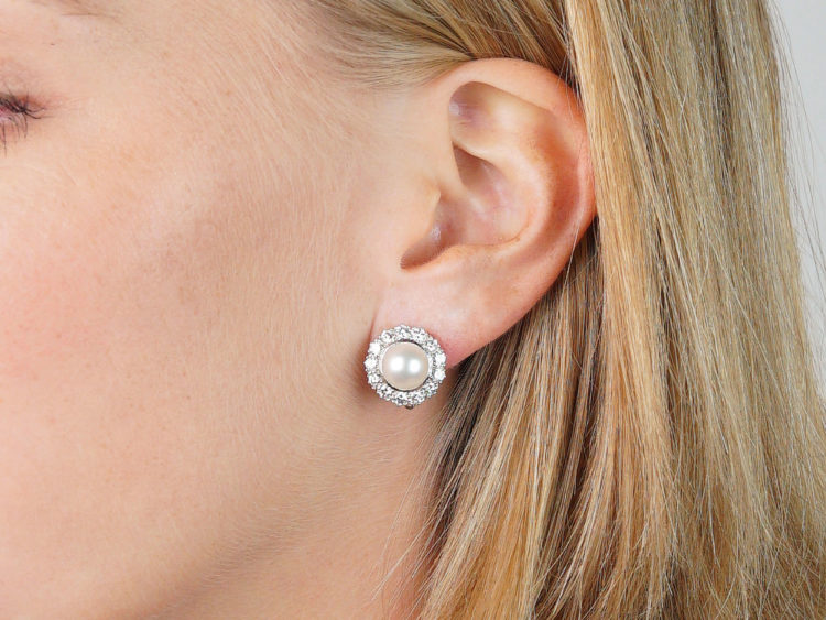 18ct White Gold Diamond & Pearl Cluster Earrings