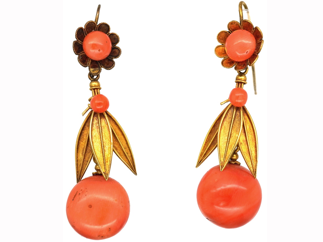 Victorian 18ct Gold & Coral Drop Earrings (248K/PR) | The Antique ...