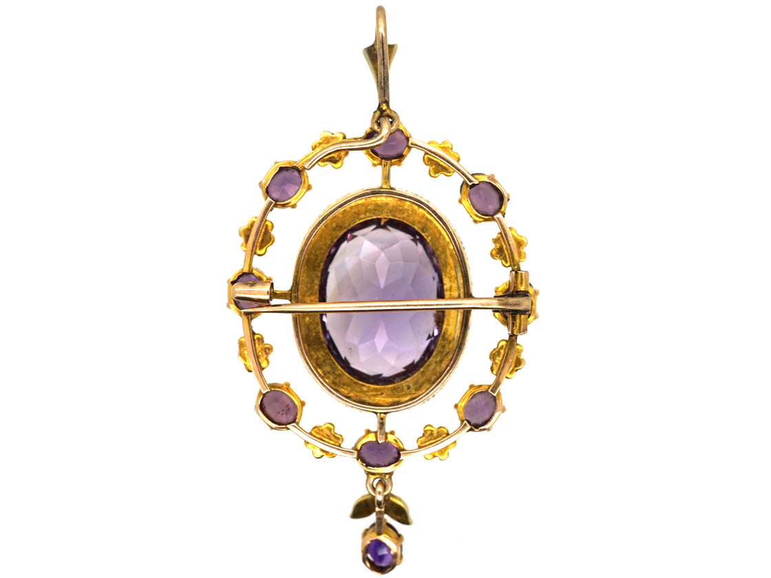 Edwardian 9ct Gold, Amethyst & Natural Split Pearl Brooch, Pendant ...