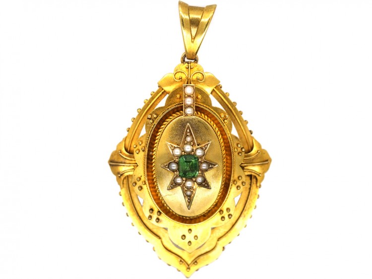 Victorian 15ct Gold Emerald & Natural Split Pearl Pendant With Star Motif