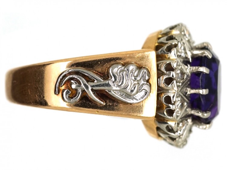 18ct Gold Amethyst & Diamond Ring With Owl & Flame Motif
