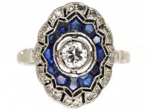 Art Deco Oval Sapphire & Diamond Cluster Ring