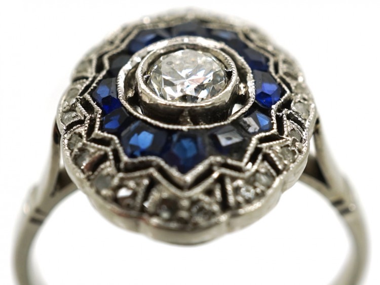 Art Deco Oval Sapphire & Diamond Cluster Ring