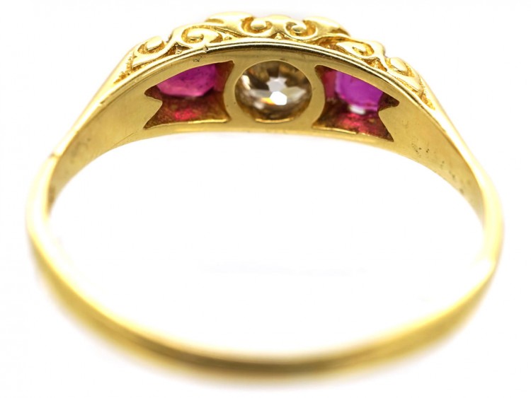 Victorian 18ct Gold, Ruby & Diamond Three Stone Carved Half Hoop  Ring