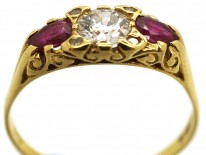 Victorian 18ct Gold, Ruby & Diamond Three Stone Carved Half Hoop  Ring