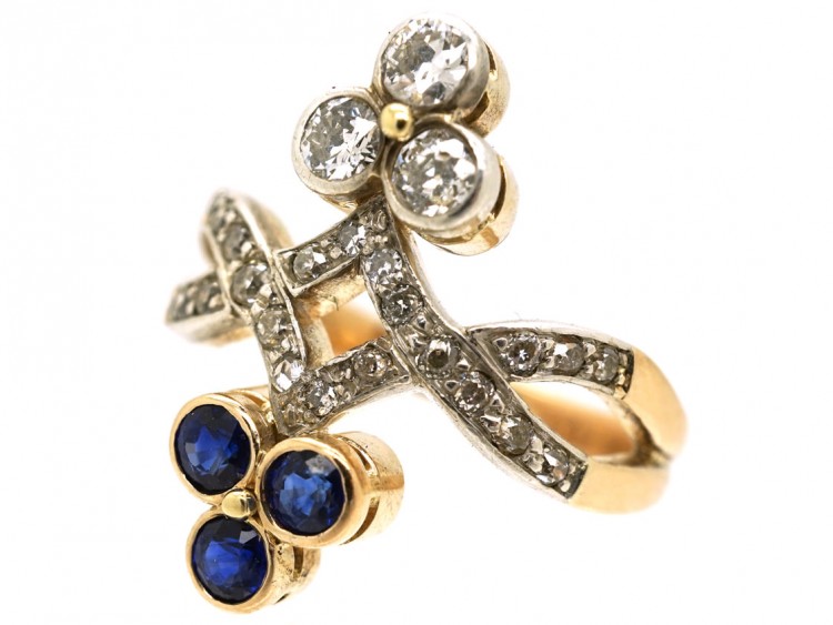 Art Nouveau 14ct Gold & Silver, Diamond & Sapphire Ring