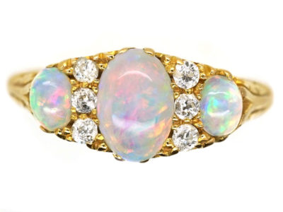 Edwardian 18ct Gold, Three Stone Opal & Diamond Ring