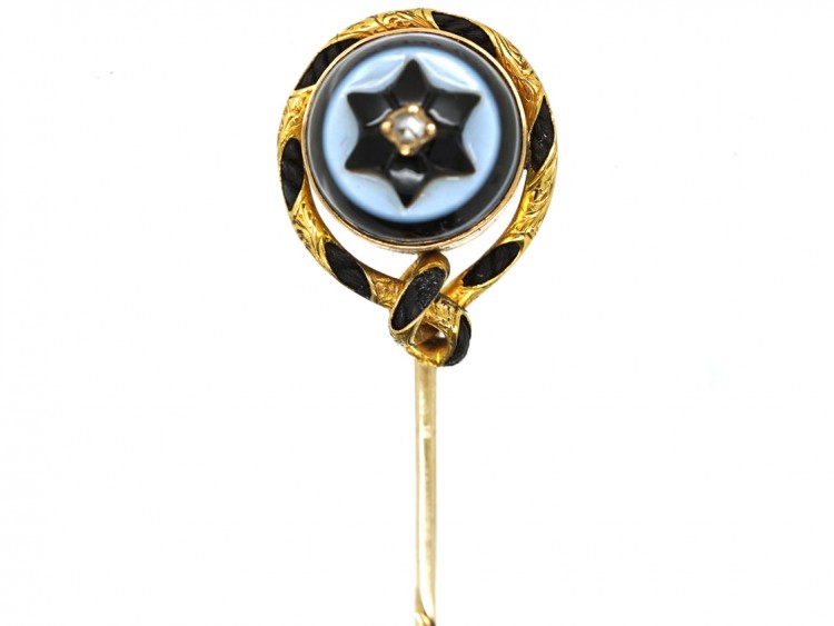 Victorian 18ct Gold, Banded Onyx , Platted Hair & Rose Diamond Tie Pin
