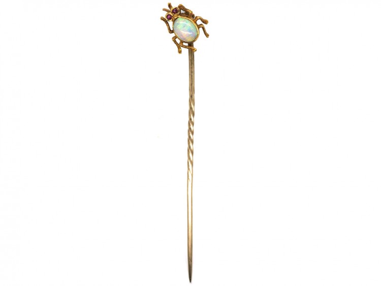 Edwardian 15ct Gold Opal & Ruby Bug Tie Pin