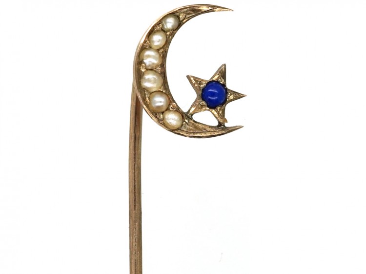 Edwardian 9ct Gold Natural Split Pearl & Lapis Lazuli Crescent Moon Tie Pin