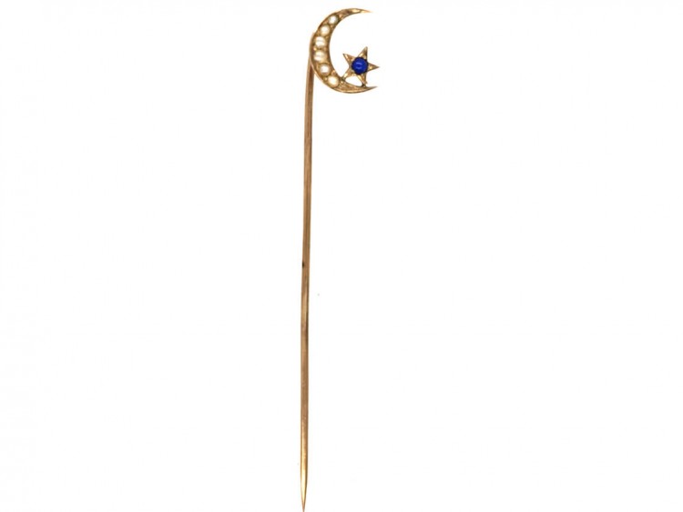Edwardian 9ct Gold Natural Split Pearl & Lapis Lazuli Crescent Moon Tie Pin