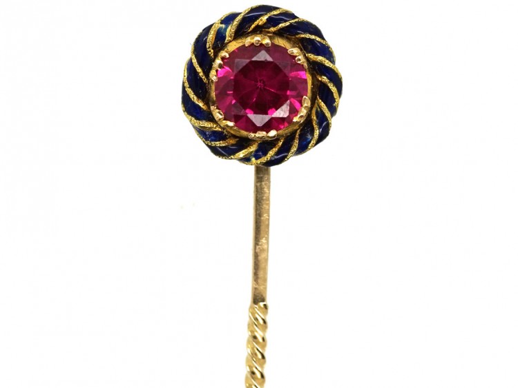 Edwardian Gold, Synthetic Ruby & Royal Blue Enamel Tie Pin