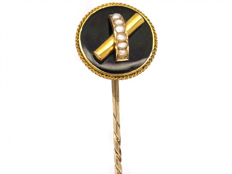 Victorian 18ct Gold Onyx & Natural Split Pearl Tie Pin