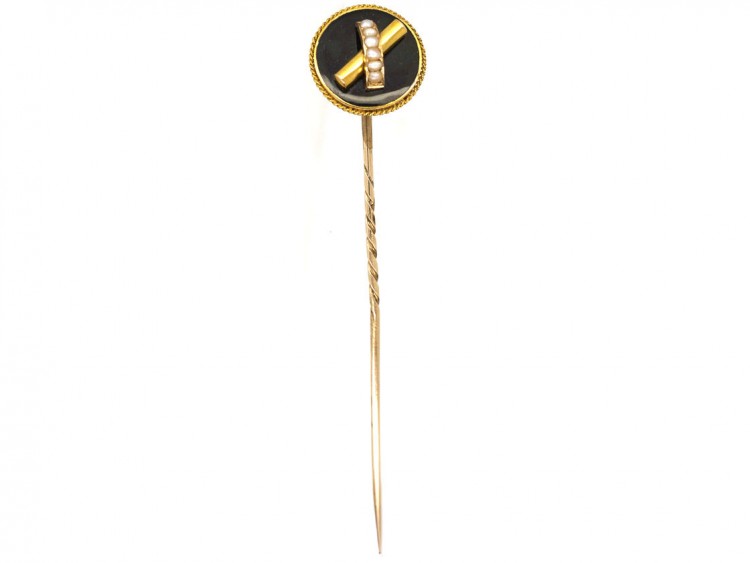 Victorian 18ct Gold Onyx & Natural Split Pearl Tie Pin