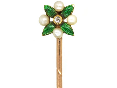 Edwardian 15ct Gold, Enamel & Natural Pearl Tie Pin