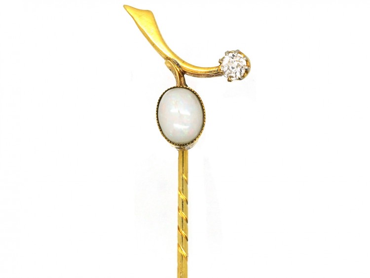 Edwardian 18ct Gold, Opal & Diamond Sprig Tie Pin