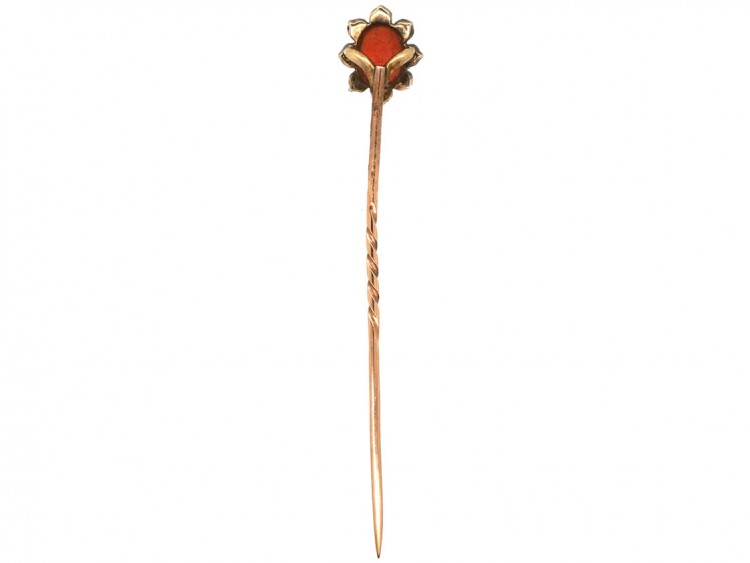 Edwardian 9ct Gold, Rose Diamond & Coral Tie Pin