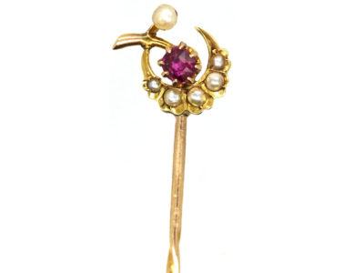 Edwardian 15ct Gold, Ruby & Natural Split Pearl Harvest Moon Tie Pin