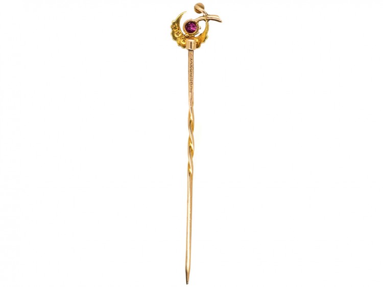 Edwardian 15ct Gold, Ruby & Natural Split Pearl Harvest Moon Tie Pin