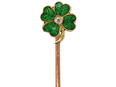 Edwardian 15ct Gold, Green Enamel & Diamond Four Leaf Clover Tie Pin
