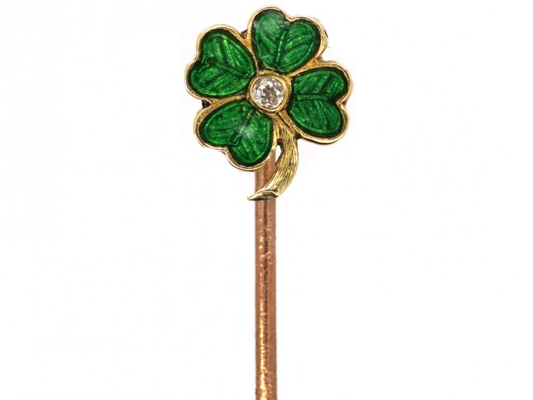 Edwardian 15ct Gold, Green Enamel & Diamond Four Leaf Clover Tie Pin