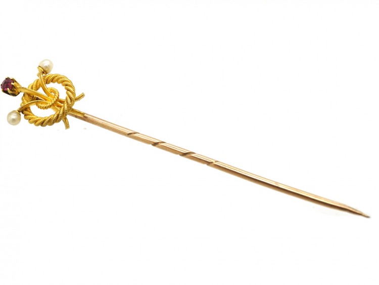 Edwardian 15ct Gold, Ruby, & Natural Pearl Tie Pin