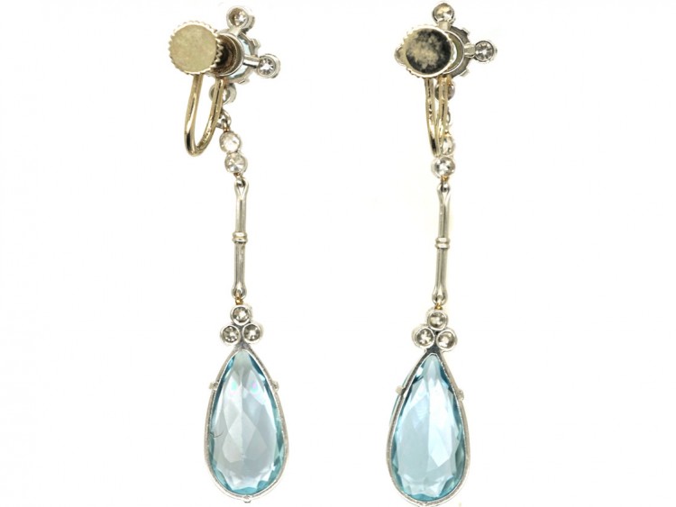 Art Deco 14ct Gold Long Drop Aquamarine & Diamond Earrings