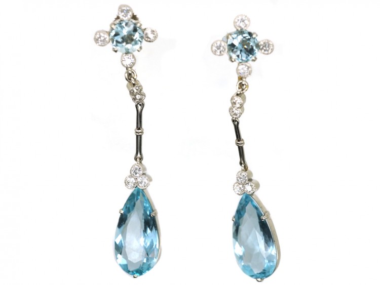 Art Deco 14ct Gold Long Drop Aquamarine & Diamond Earrings
