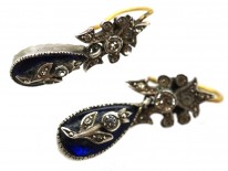 Edwardian Silver, Blue Glass & Paste Drop Flower & Bow Motif Earrings
