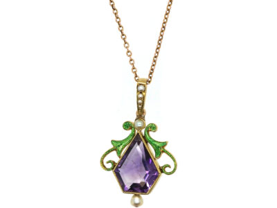 15ct Gold, Enamel, Amethyst & Natural Split Pearl Suffragette Pendant On Chain