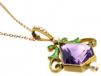 15ct Gold, Enamel, Amethyst & Natural Split Pearl Suffragette Pendant On Chain