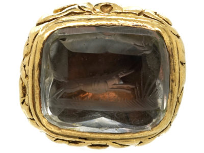 Georgian 18ct Gold Cased Seal With Rock Crystal Base With Dog & Pheasant Intaglio