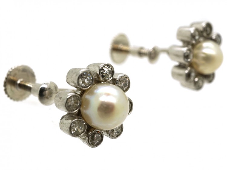Edwardian 18ct White Gold, Natural Pearl & Diamond Daisy Earrings